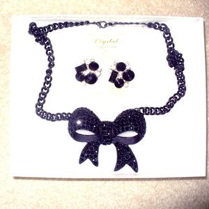 New Black Rhinestone Bow Tie Necklace Set